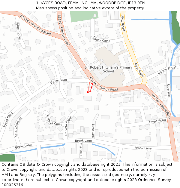 1, VYCES ROAD, FRAMLINGHAM, WOODBRIDGE, IP13 9EN: Location map and indicative extent of plot