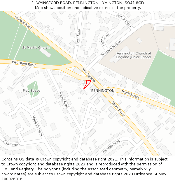 1, WAINSFORD ROAD, PENNINGTON, LYMINGTON, SO41 8GD: Location map and indicative extent of plot