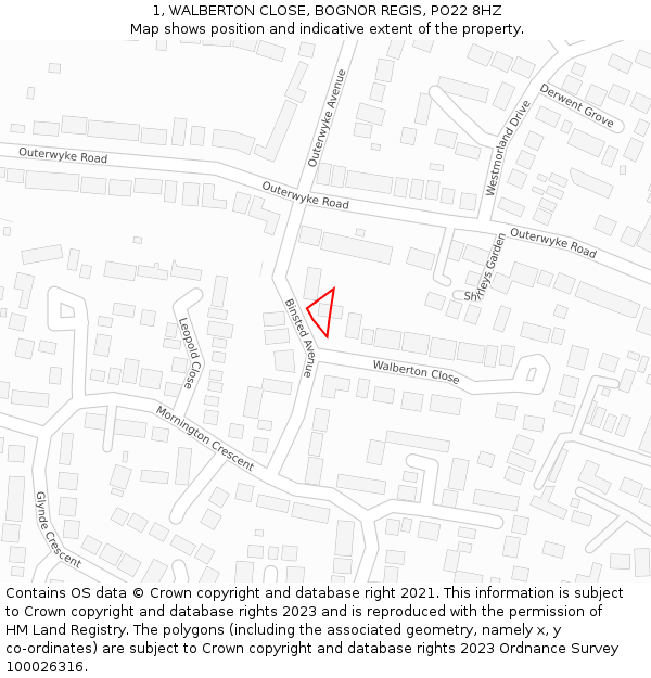 1, WALBERTON CLOSE, BOGNOR REGIS, PO22 8HZ: Location map and indicative extent of plot