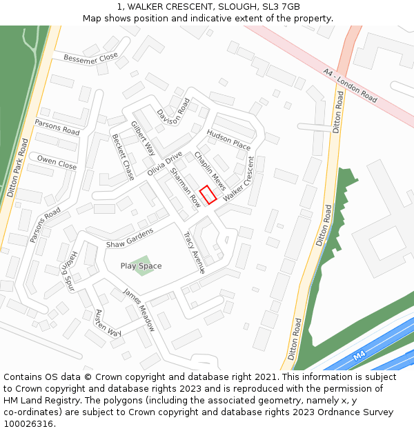 1, WALKER CRESCENT, SLOUGH, SL3 7GB: Location map and indicative extent of plot