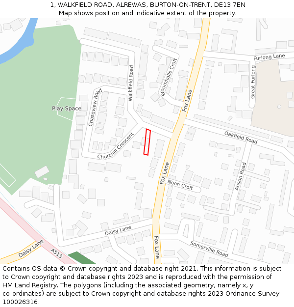 1, WALKFIELD ROAD, ALREWAS, BURTON-ON-TRENT, DE13 7EN: Location map and indicative extent of plot