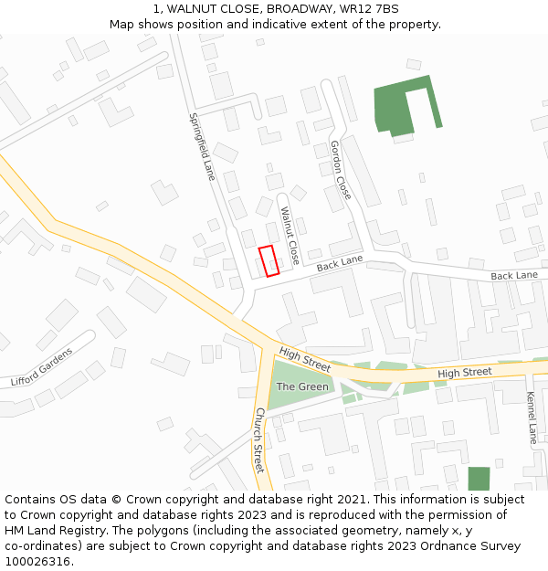 1, WALNUT CLOSE, BROADWAY, WR12 7BS: Location map and indicative extent of plot