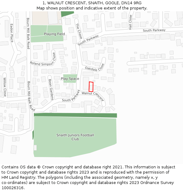 1, WALNUT CRESCENT, SNAITH, GOOLE, DN14 9RG: Location map and indicative extent of plot