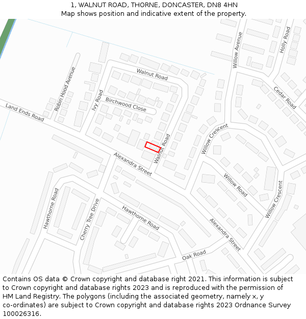 1, WALNUT ROAD, THORNE, DONCASTER, DN8 4HN: Location map and indicative extent of plot