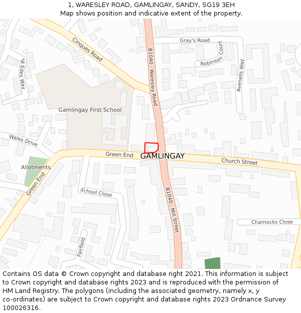 1, WARESLEY ROAD, GAMLINGAY, SANDY, SG19 3EH: Location map and indicative extent of plot