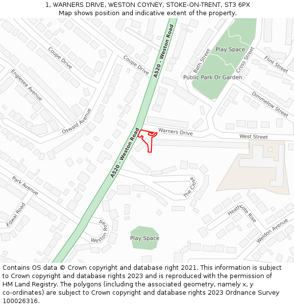 1, WARNERS DRIVE, WESTON COYNEY, STOKE-ON-TRENT, ST3 6PX: Location map and indicative extent of plot