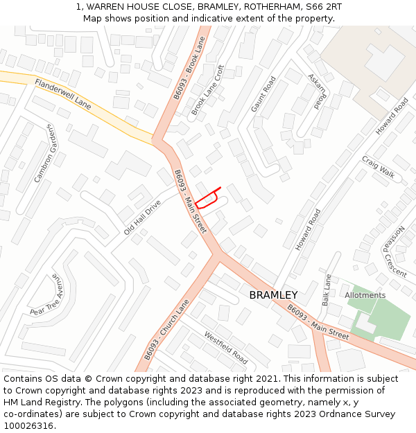 1, WARREN HOUSE CLOSE, BRAMLEY, ROTHERHAM, S66 2RT: Location map and indicative extent of plot