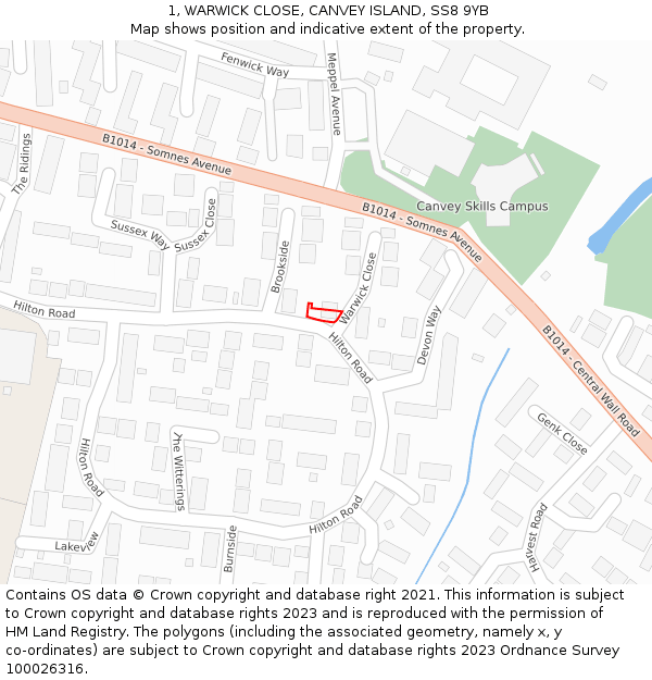 1, WARWICK CLOSE, CANVEY ISLAND, SS8 9YB: Location map and indicative extent of plot