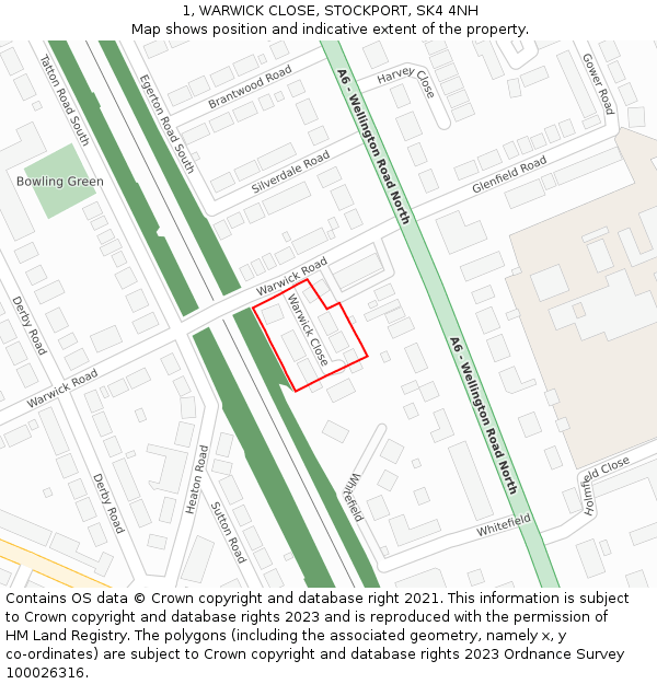 1, WARWICK CLOSE, STOCKPORT, SK4 4NH: Location map and indicative extent of plot
