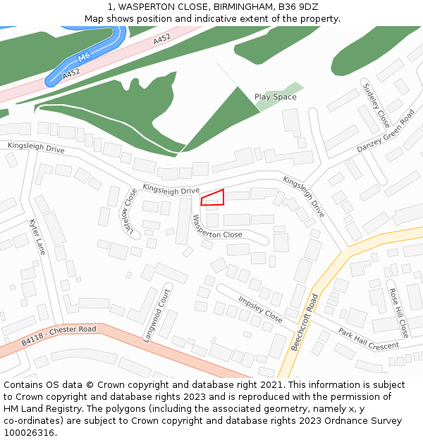 1, WASPERTON CLOSE, BIRMINGHAM, B36 9DZ: Location map and indicative extent of plot