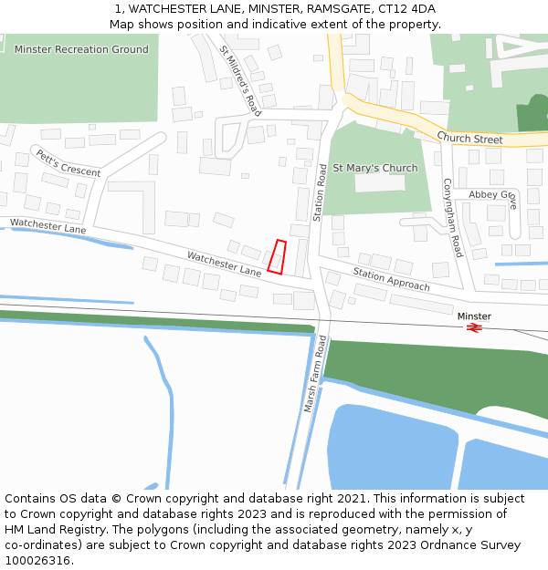 1, WATCHESTER LANE, MINSTER, RAMSGATE, CT12 4DA: Location map and indicative extent of plot