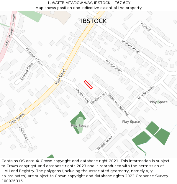 1, WATER MEADOW WAY, IBSTOCK, LE67 6GY: Location map and indicative extent of plot