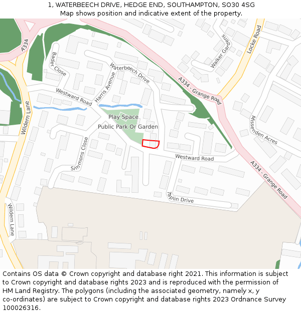 1, WATERBEECH DRIVE, HEDGE END, SOUTHAMPTON, SO30 4SG: Location map and indicative extent of plot