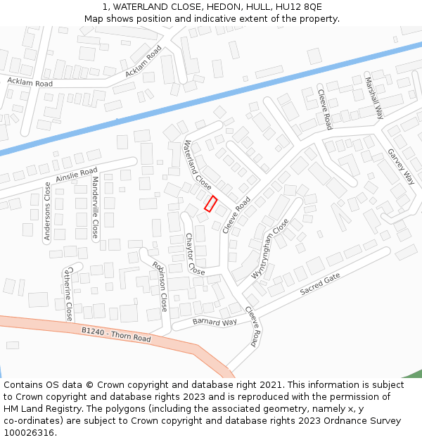 1, WATERLAND CLOSE, HEDON, HULL, HU12 8QE: Location map and indicative extent of plot