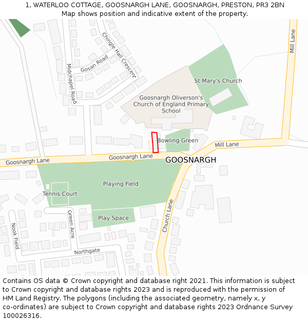 1, WATERLOO COTTAGE, GOOSNARGH LANE, GOOSNARGH, PRESTON, PR3 2BN: Location map and indicative extent of plot