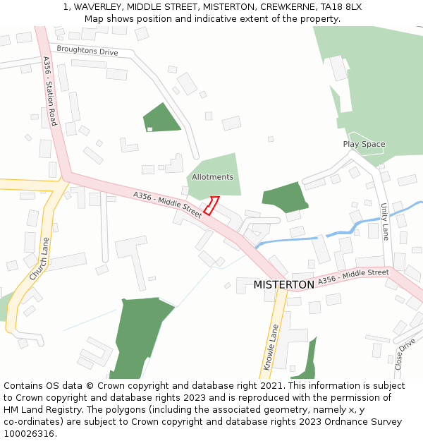 1, WAVERLEY, MIDDLE STREET, MISTERTON, CREWKERNE, TA18 8LX: Location map and indicative extent of plot