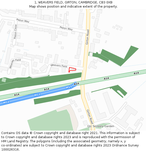 1, WEAVERS FIELD, GIRTON, CAMBRIDGE, CB3 0XB: Location map and indicative extent of plot