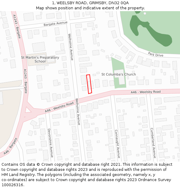 1, WEELSBY ROAD, GRIMSBY, DN32 0QA: Location map and indicative extent of plot