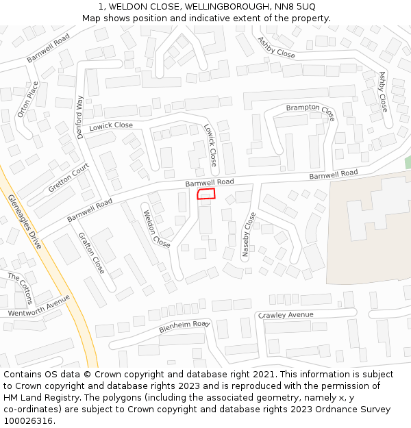 1, WELDON CLOSE, WELLINGBOROUGH, NN8 5UQ: Location map and indicative extent of plot