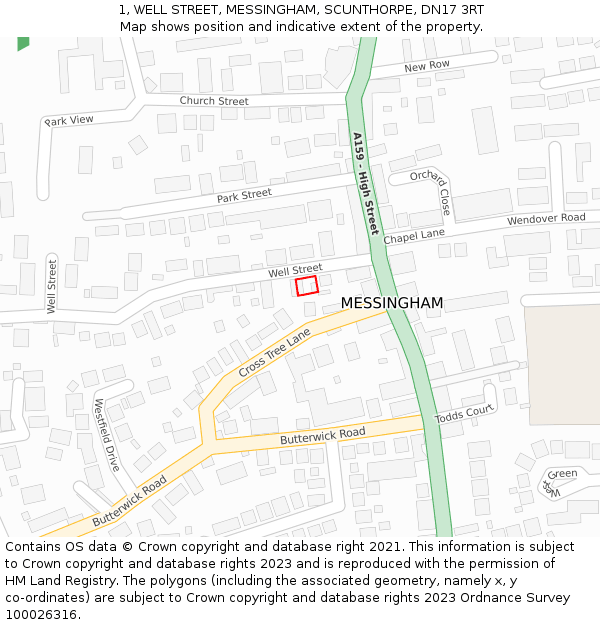 1, WELL STREET, MESSINGHAM, SCUNTHORPE, DN17 3RT: Location map and indicative extent of plot