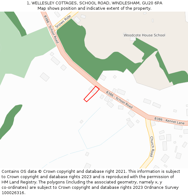 1, WELLESLEY COTTAGES, SCHOOL ROAD, WINDLESHAM, GU20 6PA: Location map and indicative extent of plot