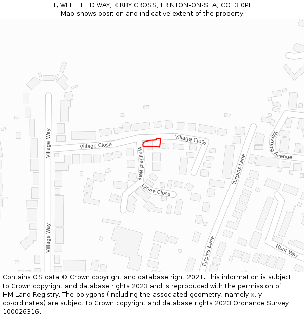1, WELLFIELD WAY, KIRBY CROSS, FRINTON-ON-SEA, CO13 0PH: Location map and indicative extent of plot