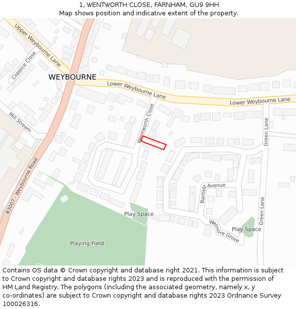 1, WENTWORTH CLOSE, FARNHAM, GU9 9HH: Location map and indicative extent of plot