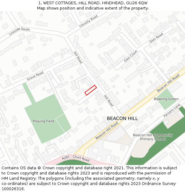 1, WEST COTTAGES, HILL ROAD, HINDHEAD, GU26 6QW: Location map and indicative extent of plot