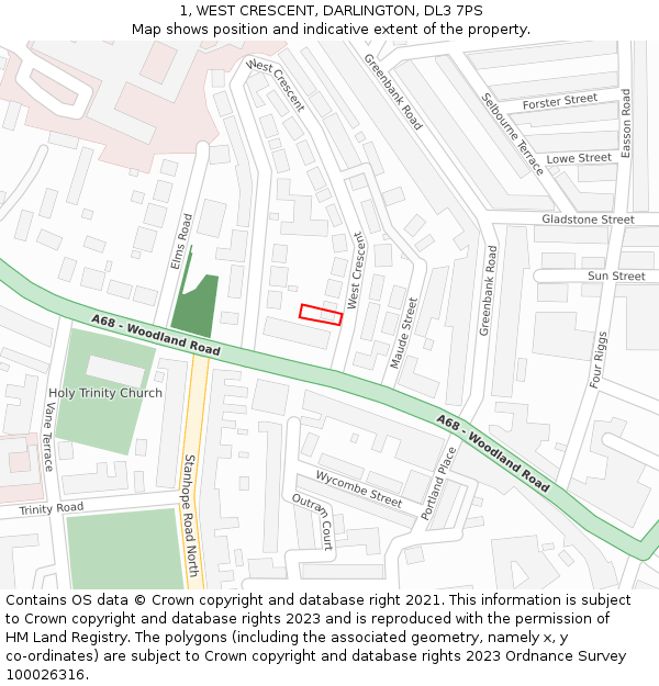 1, WEST CRESCENT, DARLINGTON, DL3 7PS: Location map and indicative extent of plot