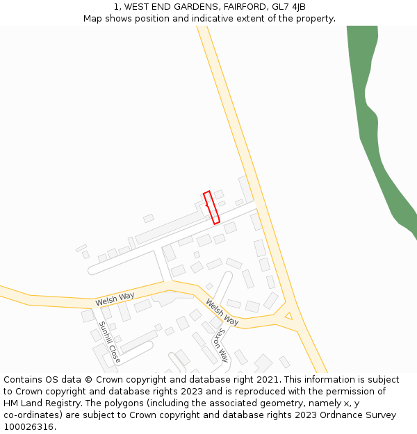 1, WEST END GARDENS, FAIRFORD, GL7 4JB: Location map and indicative extent of plot