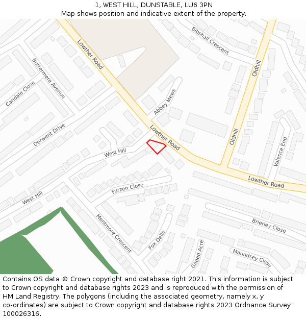 1, WEST HILL, DUNSTABLE, LU6 3PN: Location map and indicative extent of plot