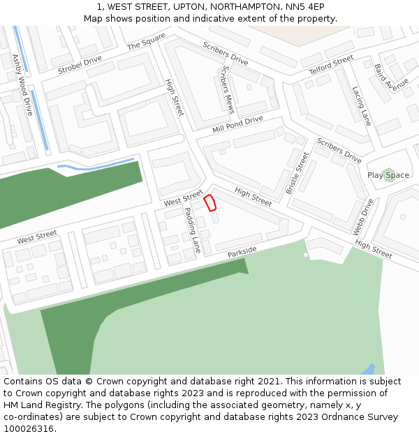 1, WEST STREET, UPTON, NORTHAMPTON, NN5 4EP: Location map and indicative extent of plot