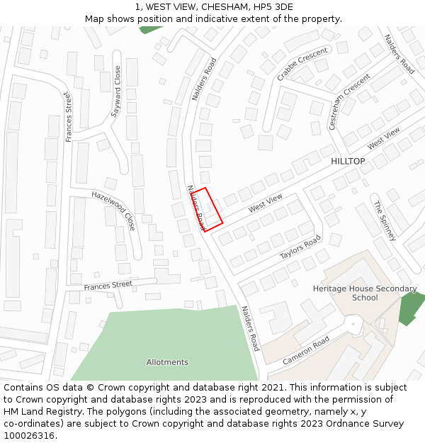 1, WEST VIEW, CHESHAM, HP5 3DE: Location map and indicative extent of plot