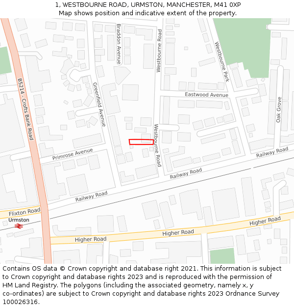 1, WESTBOURNE ROAD, URMSTON, MANCHESTER, M41 0XP: Location map and indicative extent of plot