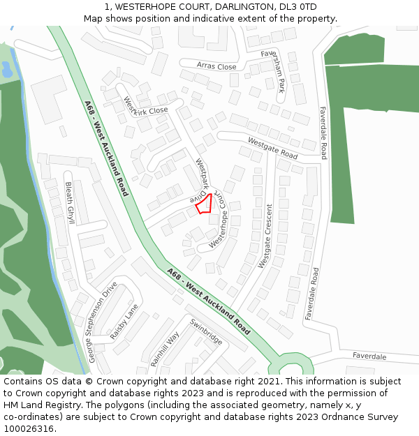 1, WESTERHOPE COURT, DARLINGTON, DL3 0TD: Location map and indicative extent of plot