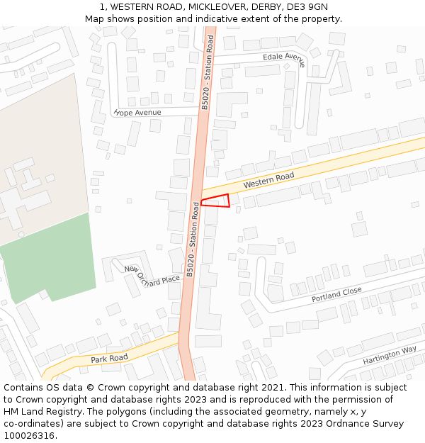 1, WESTERN ROAD, MICKLEOVER, DERBY, DE3 9GN: Location map and indicative extent of plot