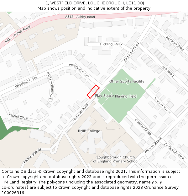 1, WESTFIELD DRIVE, LOUGHBOROUGH, LE11 3QJ: Location map and indicative extent of plot
