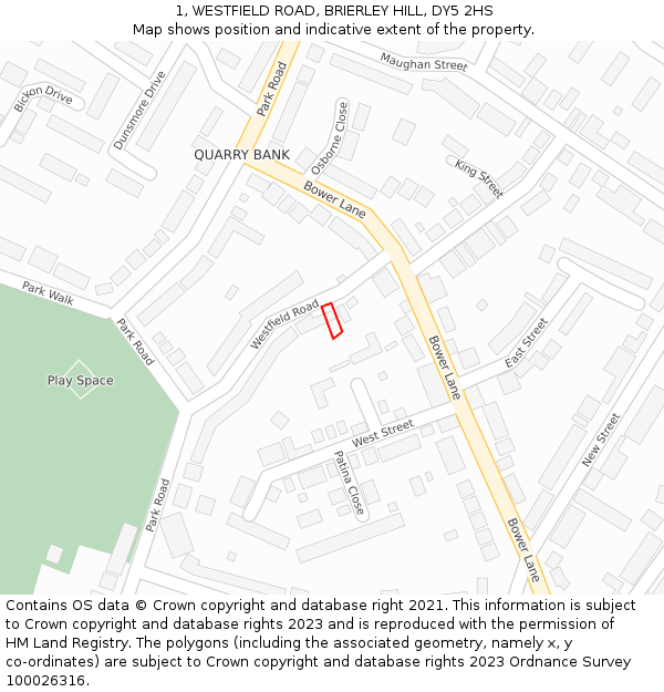 1, WESTFIELD ROAD, BRIERLEY HILL, DY5 2HS: Location map and indicative extent of plot