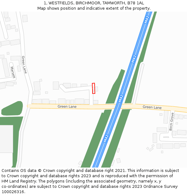 1, WESTFIELDS, BIRCHMOOR, TAMWORTH, B78 1AL: Location map and indicative extent of plot