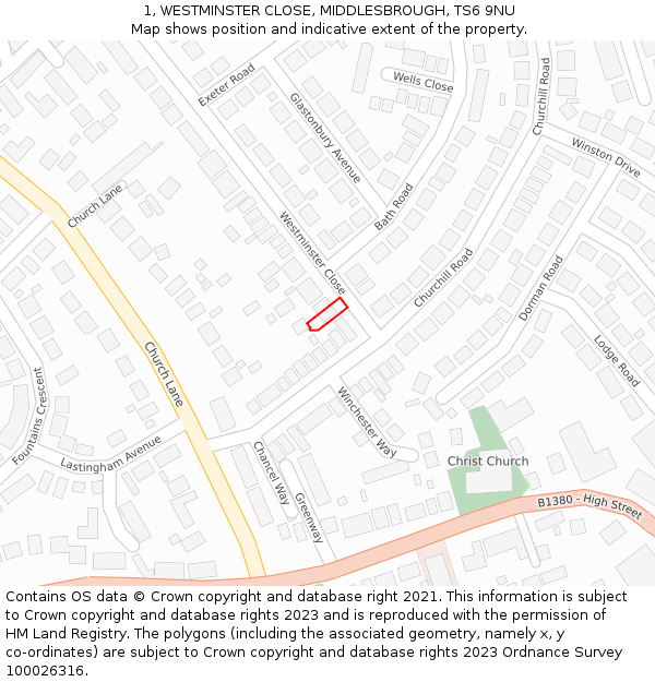 1, WESTMINSTER CLOSE, MIDDLESBROUGH, TS6 9NU: Location map and indicative extent of plot