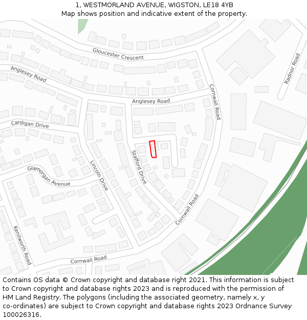 1, WESTMORLAND AVENUE, WIGSTON, LE18 4YB: Location map and indicative extent of plot