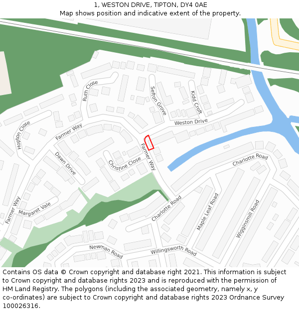 1, WESTON DRIVE, TIPTON, DY4 0AE: Location map and indicative extent of plot