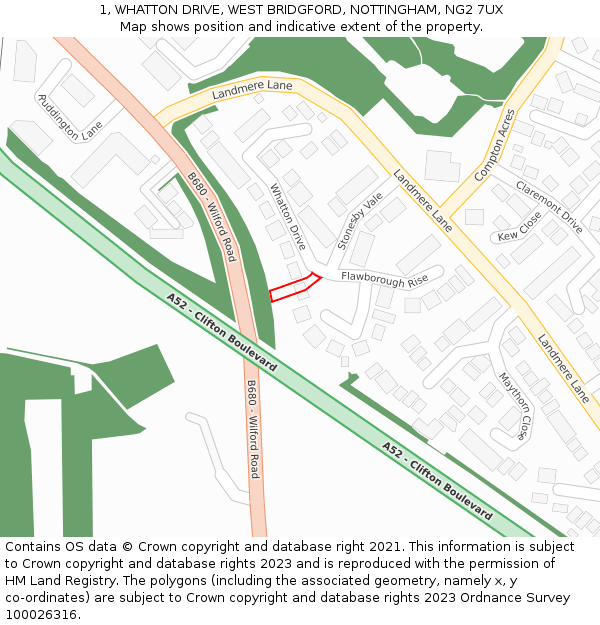 1, WHATTON DRIVE, WEST BRIDGFORD, NOTTINGHAM, NG2 7UX: Location map and indicative extent of plot