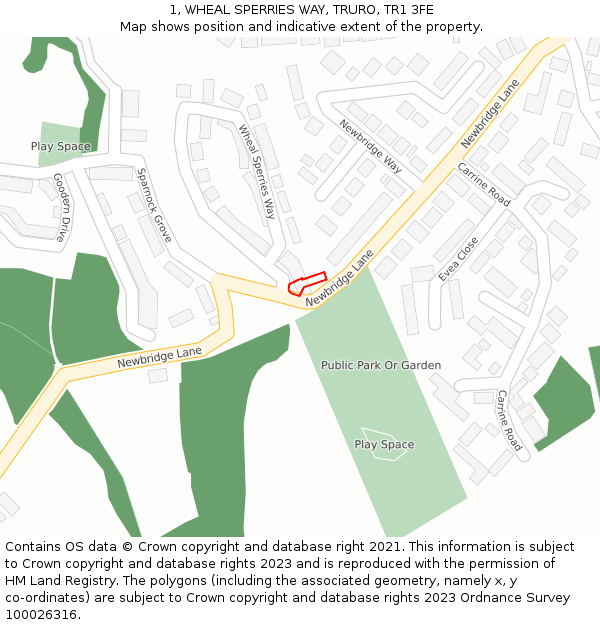1, WHEAL SPERRIES WAY, TRURO, TR1 3FE: Location map and indicative extent of plot