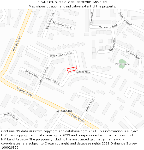 1, WHEATHOUSE CLOSE, BEDFORD, MK41 8JY: Location map and indicative extent of plot