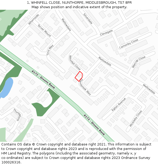 1, WHINFELL CLOSE, NUNTHORPE, MIDDLESBROUGH, TS7 8PR: Location map and indicative extent of plot