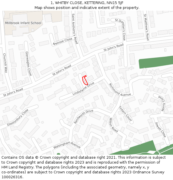 1, WHITBY CLOSE, KETTERING, NN15 5JF: Location map and indicative extent of plot