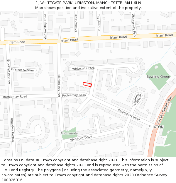 1, WHITEGATE PARK, URMSTON, MANCHESTER, M41 6LN: Location map and indicative extent of plot