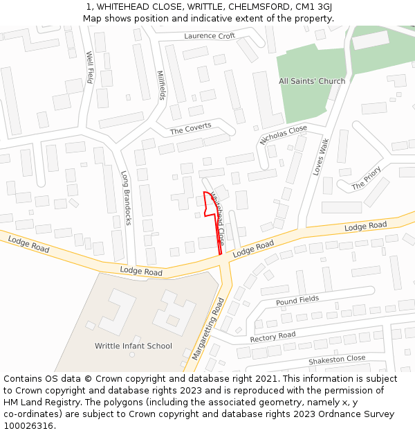 1, WHITEHEAD CLOSE, WRITTLE, CHELMSFORD, CM1 3GJ: Location map and indicative extent of plot