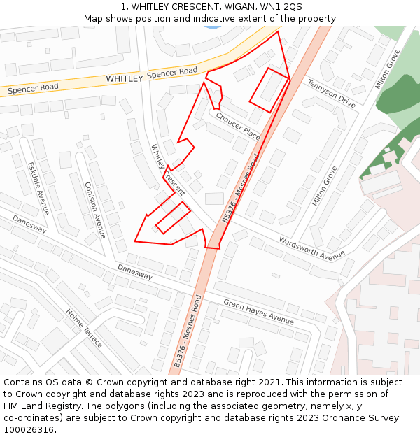 1, WHITLEY CRESCENT, WIGAN, WN1 2QS: Location map and indicative extent of plot